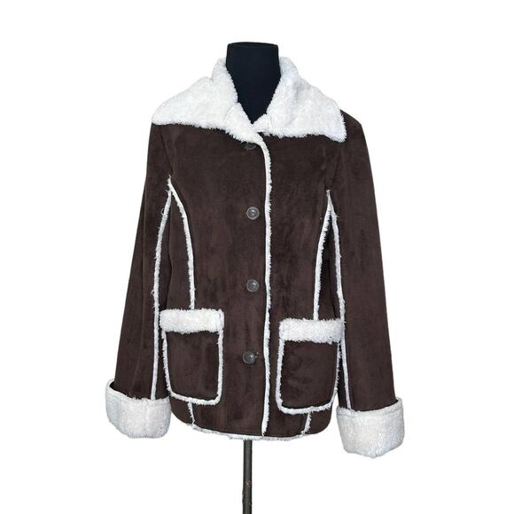 MiFresia Brown Suede White Sheerling Trim Button Jacket size M - Picture 1 of 14